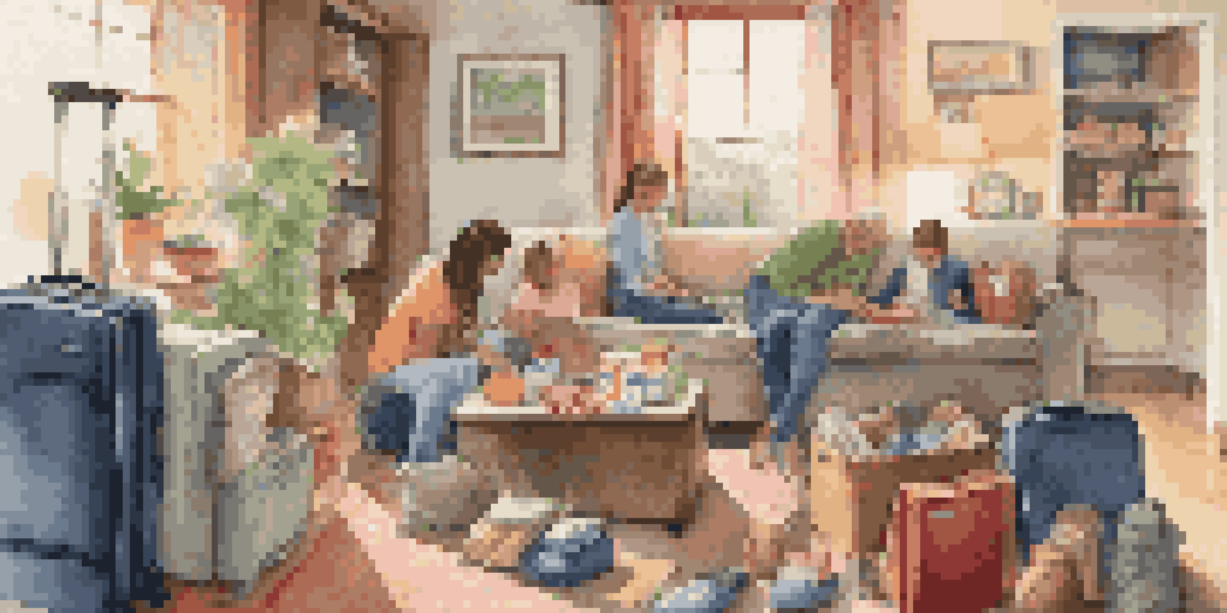 A family is packing for a trip in a cozy living room, with a suitcase open and colorful packing cubes arranged inside, surrounded by travel essentials like snacks and first-aid items.