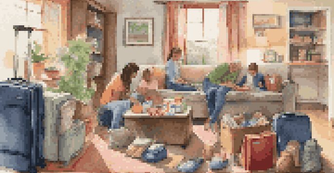 A family is packing for a trip in a cozy living room, with a suitcase open and colorful packing cubes arranged inside, surrounded by travel essentials like snacks and first-aid items.