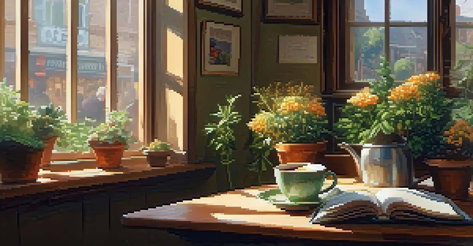 A warm café table with coffee, cake, and an open book, with sunlight streaming through the window.