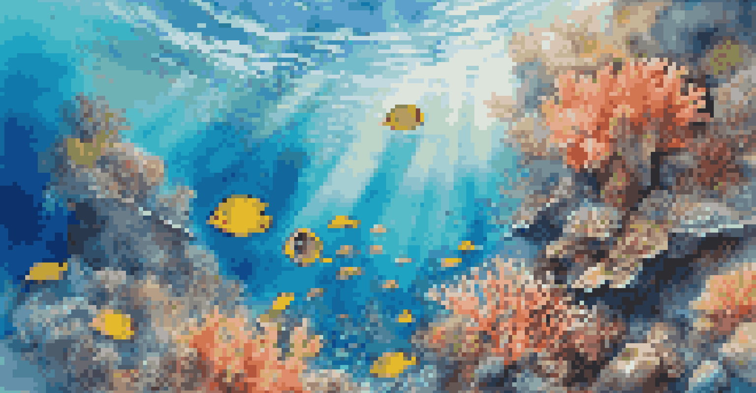 A diver with an action camera exploring a colorful coral reef filled with tropical fish, illuminated by sunlight filtering through the water.
