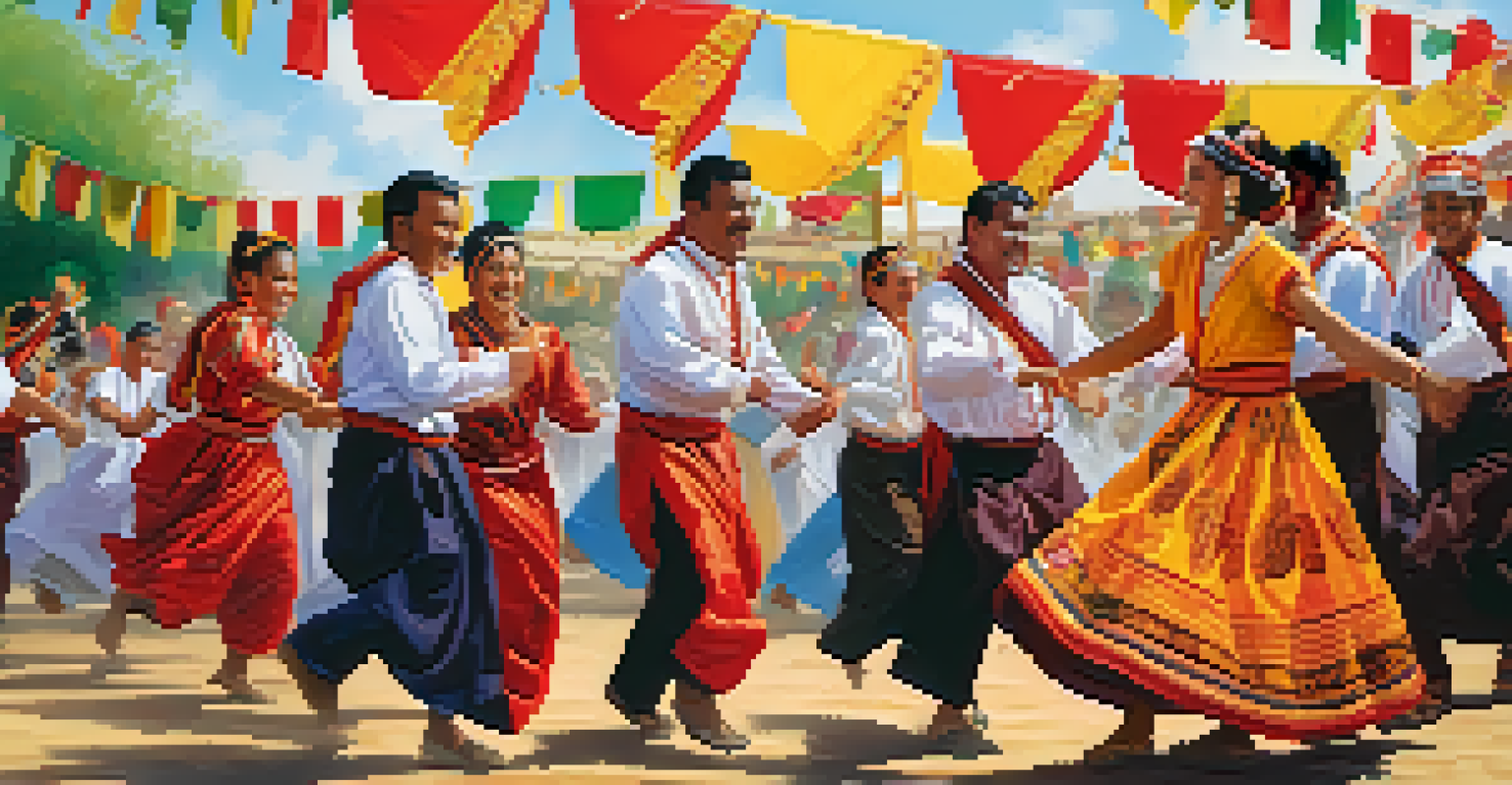 People in traditional attire celebrating at an outdoor cultural festival with colorful decorations.
