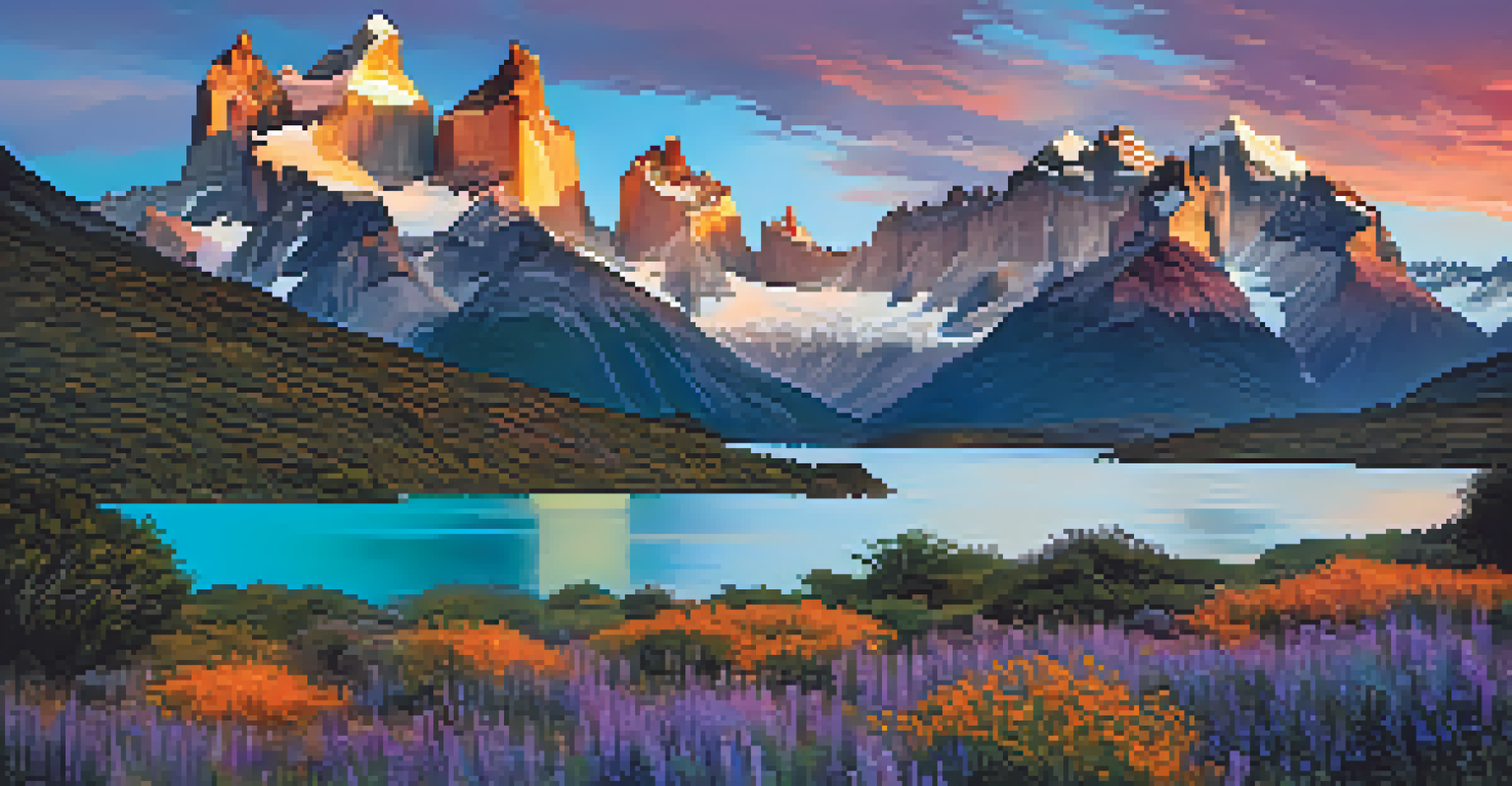 Patagonia at sunset with jagged peaks and a turquoise lake reflecting the colorful sky.