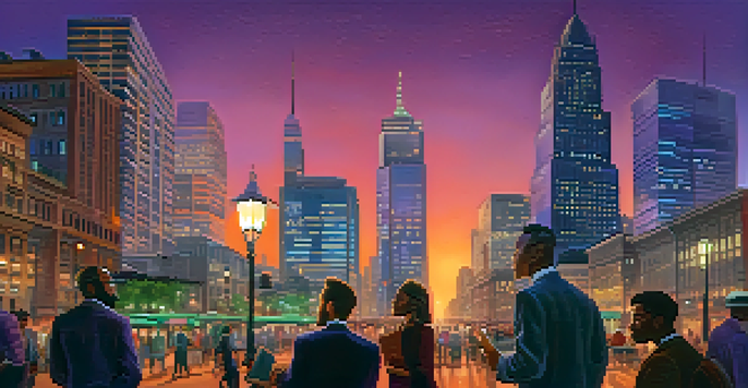 A vibrant city at dusk with professionals conversing in the foreground.