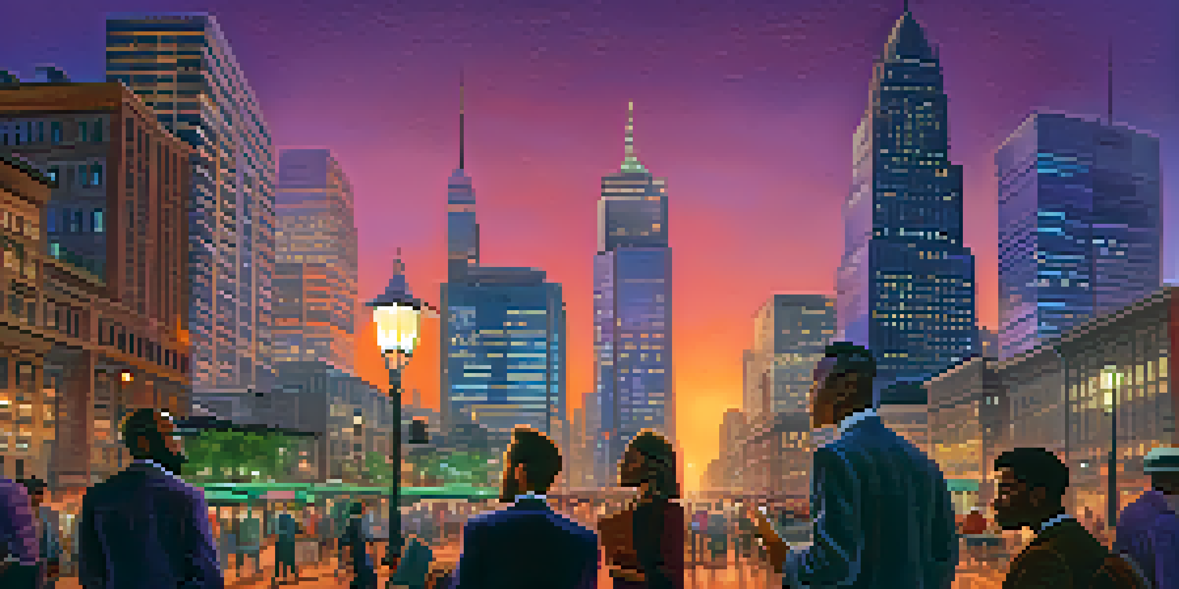A vibrant city at dusk with professionals conversing in the foreground.