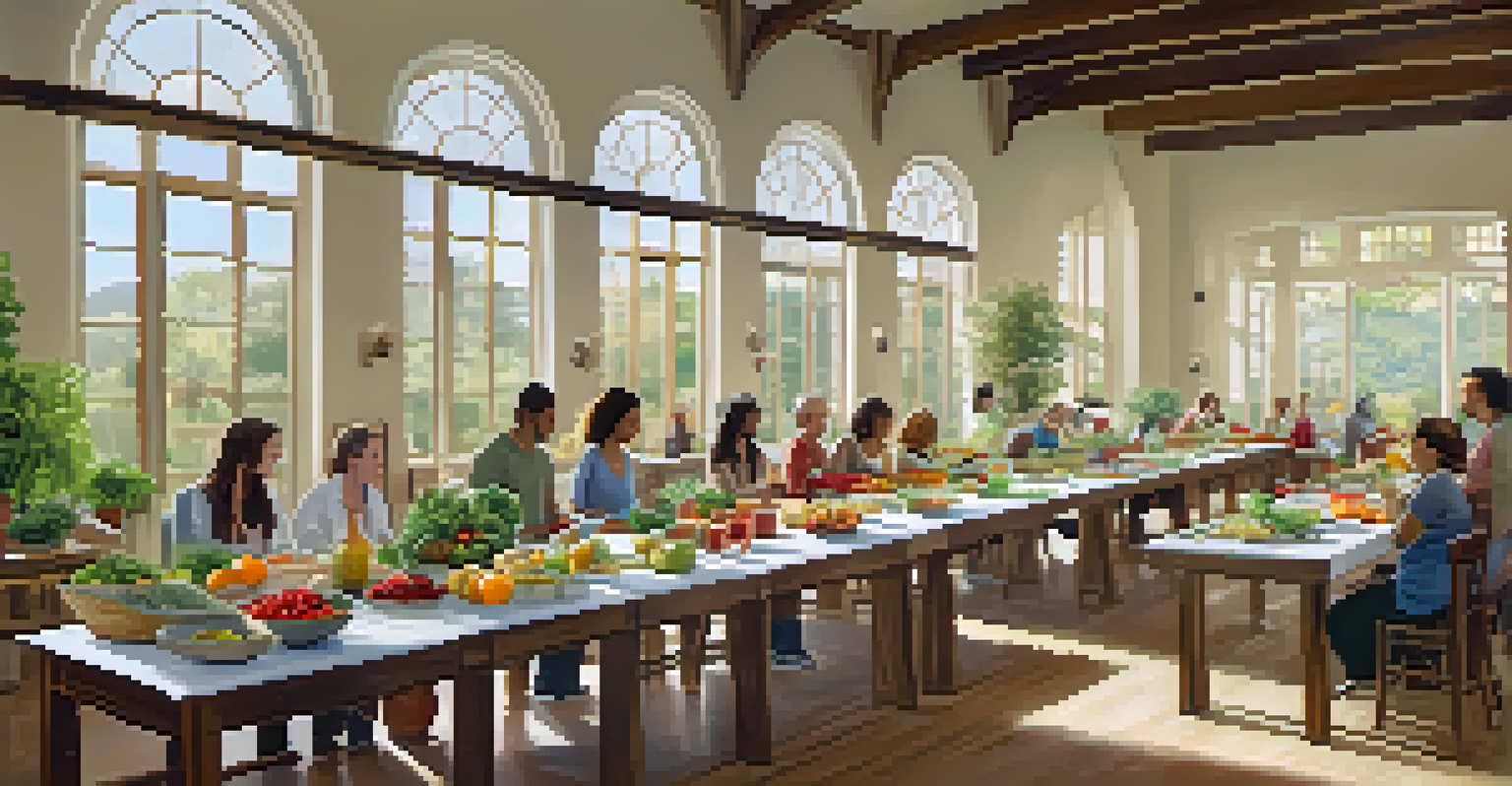 A wellness workshop with participants gathered around a table filled with healthy food, learning to prepare nutritious meals under soft natural light.