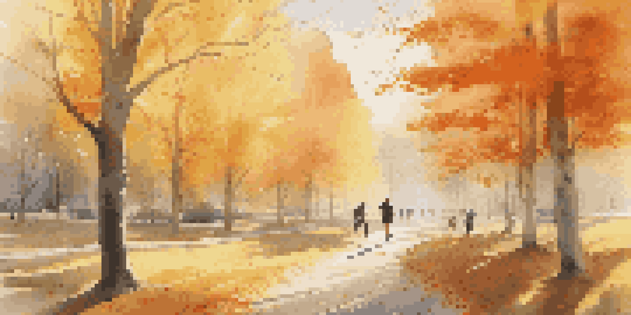 A peaceful park with autumn leaves, a person jogging on a trail, and sunlight filtering through trees.