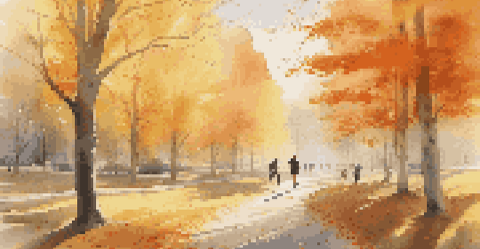 A peaceful park with autumn leaves, a person jogging on a trail, and sunlight filtering through trees.