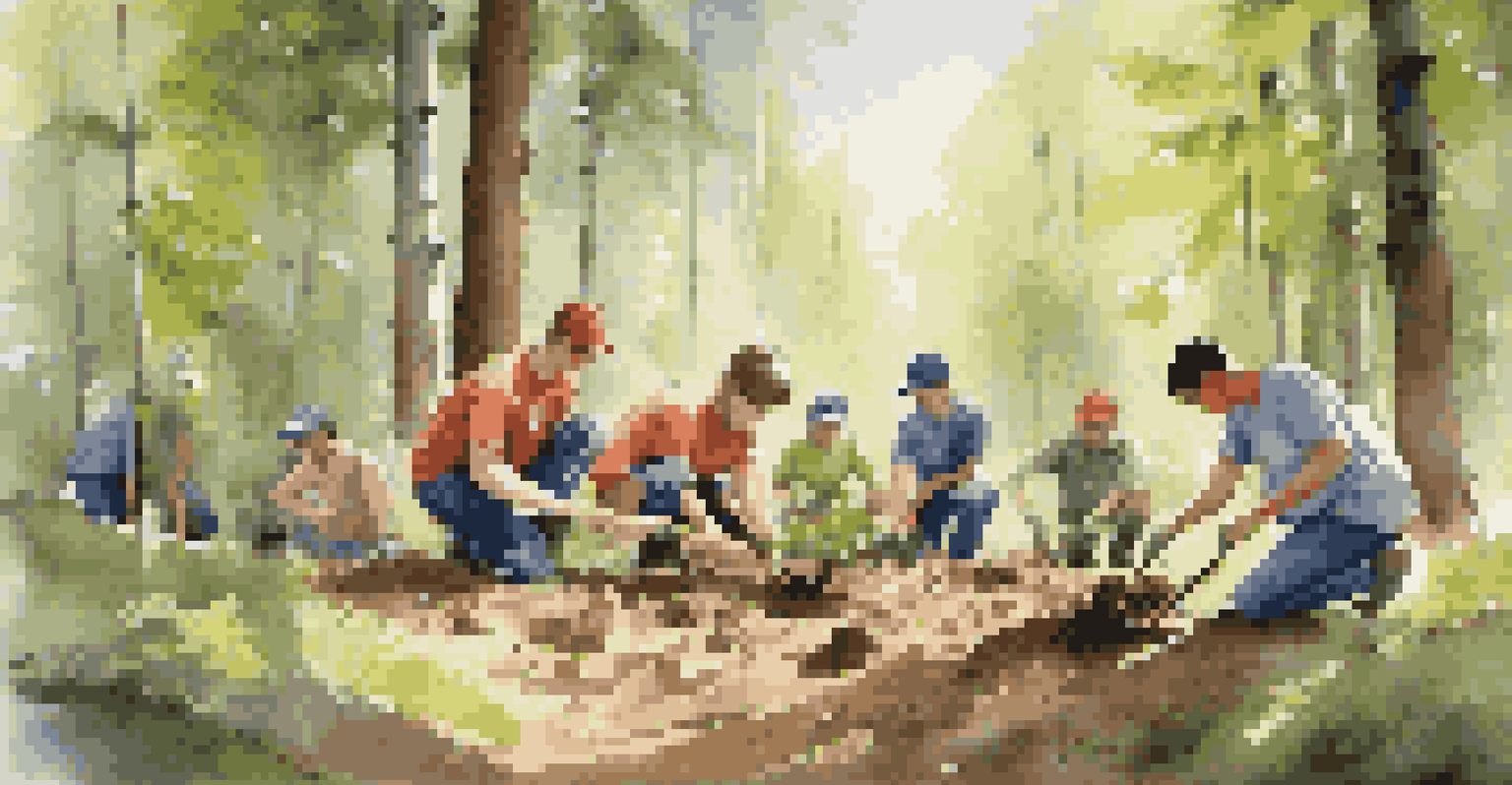 Campers planting trees in a forest as part of a conservation effort, showcasing teamwork and eco-friendly practices in a sunny environment.