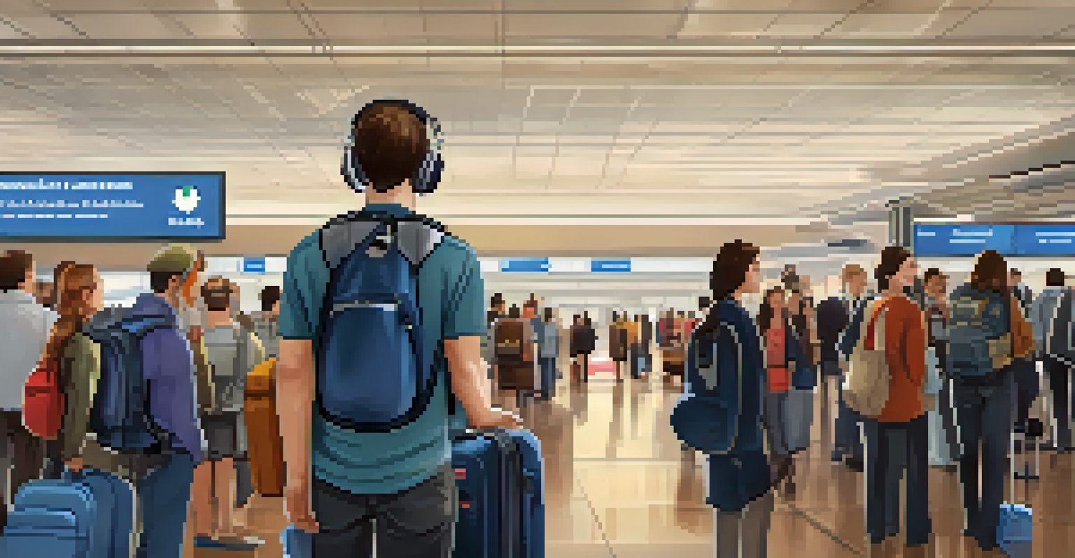 A close-up of a traveler's open carry-on bag filled with essentials like a neck pillow and headphones, with a gate area in the background.