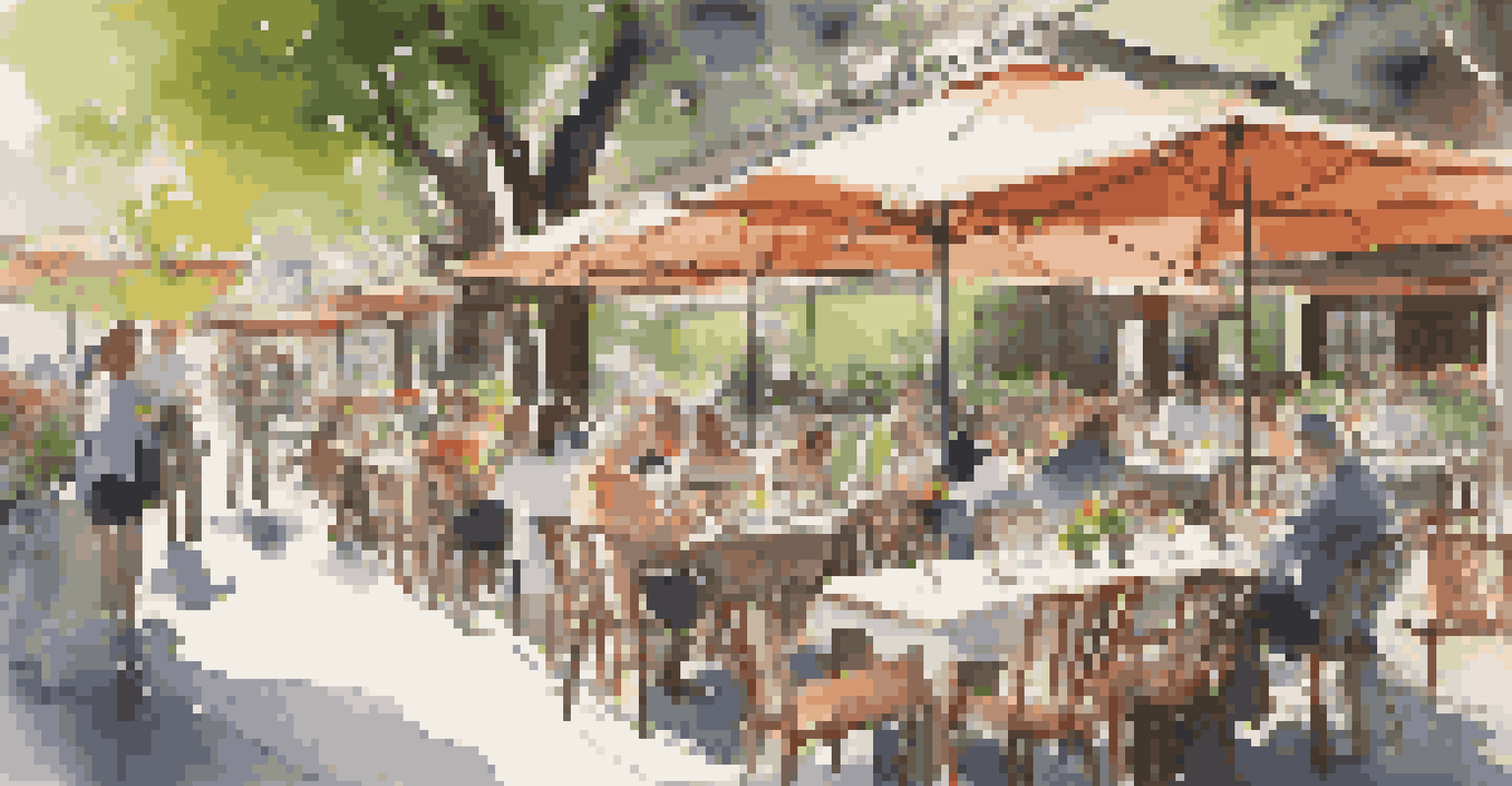 An outdoor restaurant setting with tables spaced apart, featuring fresh flowers and digital menus, under dappled sunlight, showing diners enjoying their meals safely.