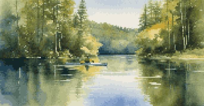 A peaceful lake with a kayaker paddling through calm waters, surrounded by green trees and a clear sky.