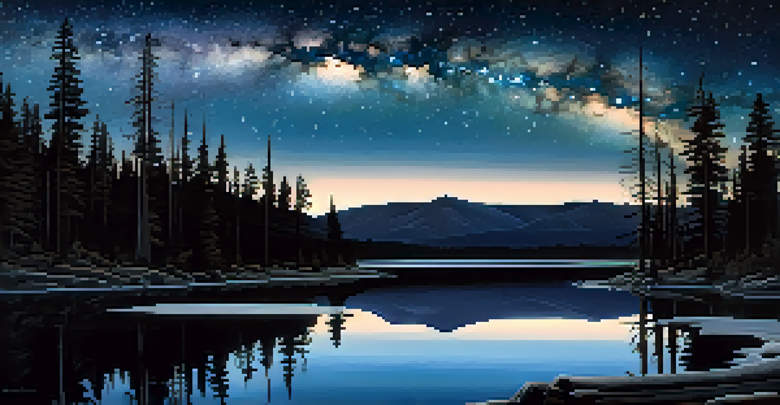 Starry night sky over a tranquil lake in Yellowstone National Park, with the Milky Way reflected in the water.