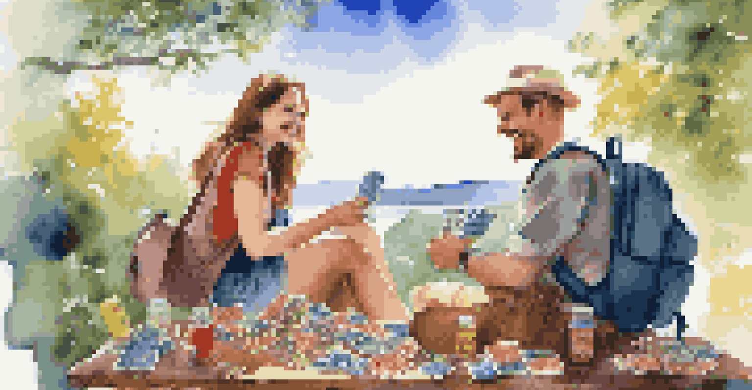 A couple laughing and playing a card game outdoors, with a beautiful landscape in the background.