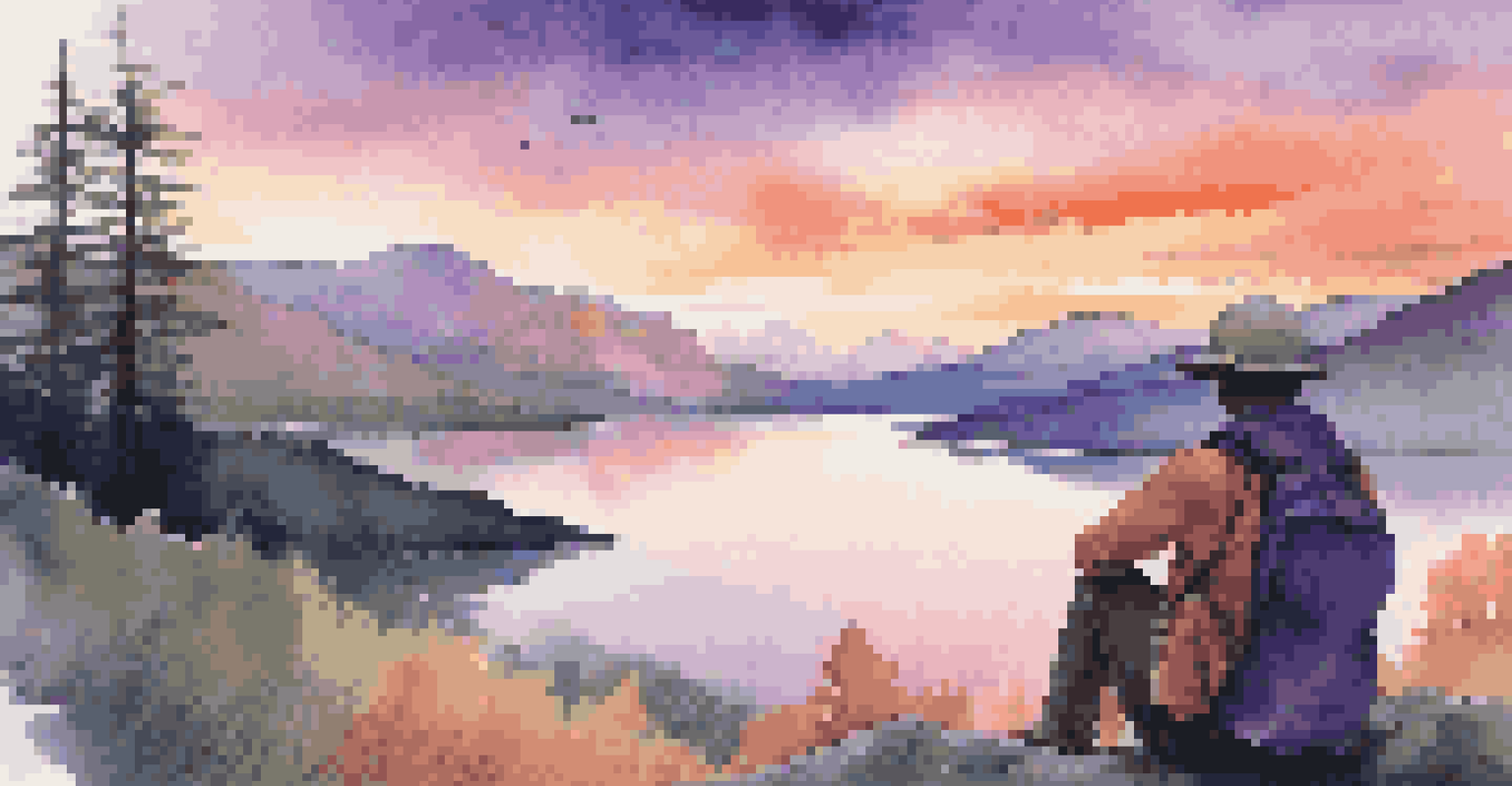 A traveler at a scenic viewpoint watching a sunset over mountains, with vibrant colors in the sky.