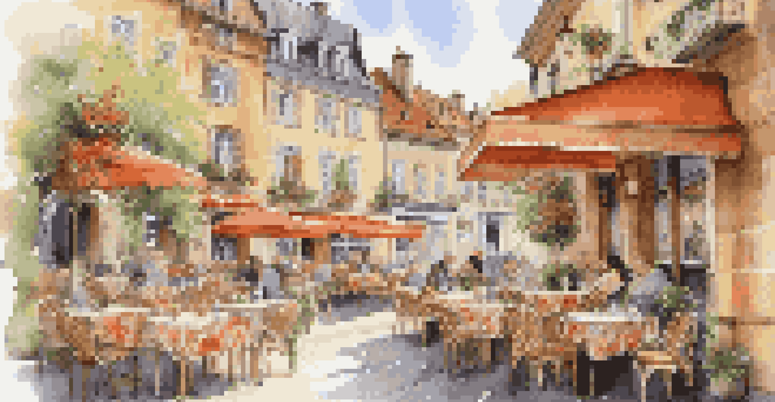 A cozy café terrace in a European town with floral tablecloths, coffee drinkers, and historic buildings.