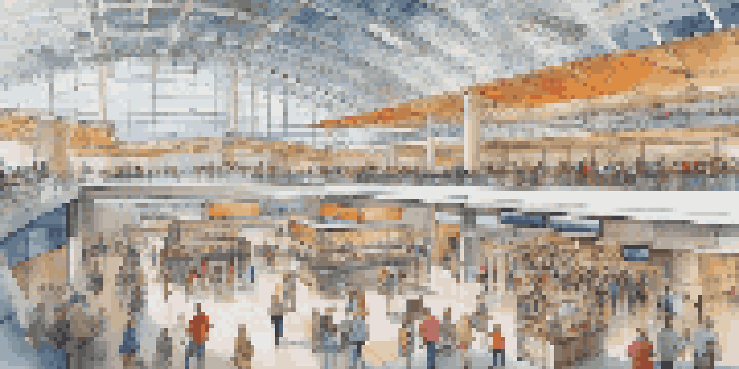 A busy airport terminal with travelers of different backgrounds, large windows, and vibrant banners.