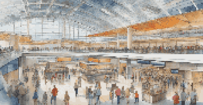 A busy airport terminal with travelers of different backgrounds, large windows, and vibrant banners.