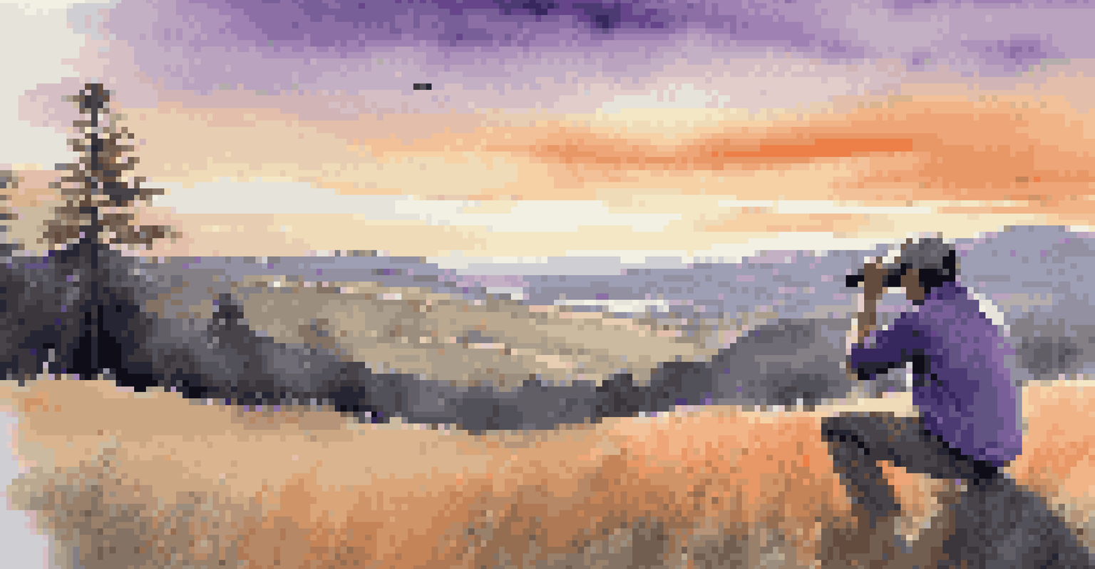 A visitor using binoculars to observe deer in a meadow during sunset in a national park, with rolling hills in the background.