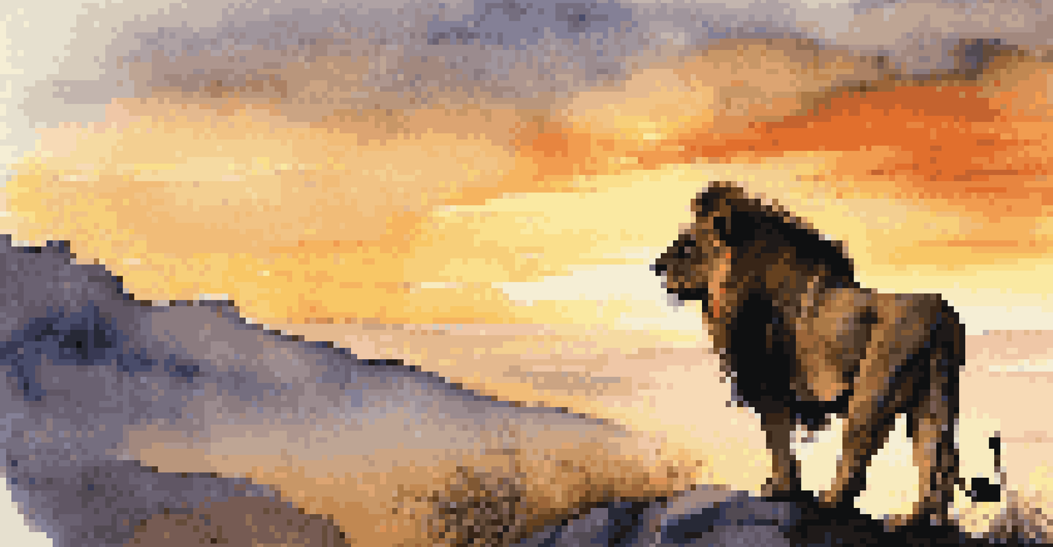 A silhouette of a lion on a rocky outcrop at sunset with warm hues in the background.