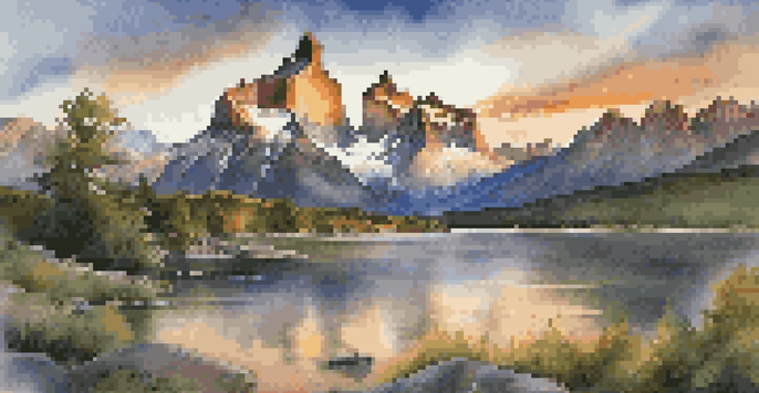 A stunning sunset view of the granite Towers of Paine, reflecting in a glacial lake with vibrant colors in the sky and lush greenery in the foreground.
