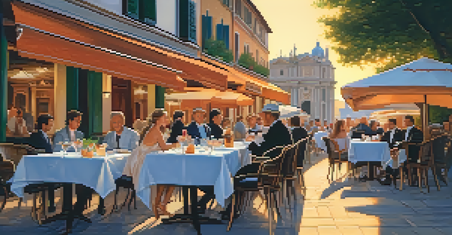 An Italian outdoor café at sunset with elegantly dressed diners and charming architecture, illuminated by soft lights.