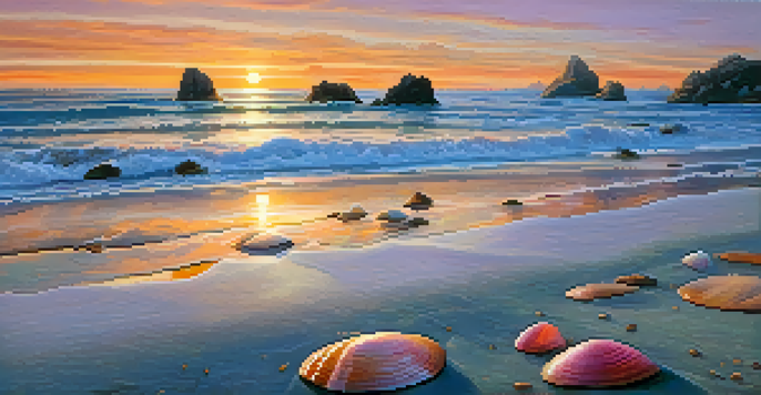 A tranquil secluded beach at sunrise with soft sand, gentle waves, and colorful sky hues.