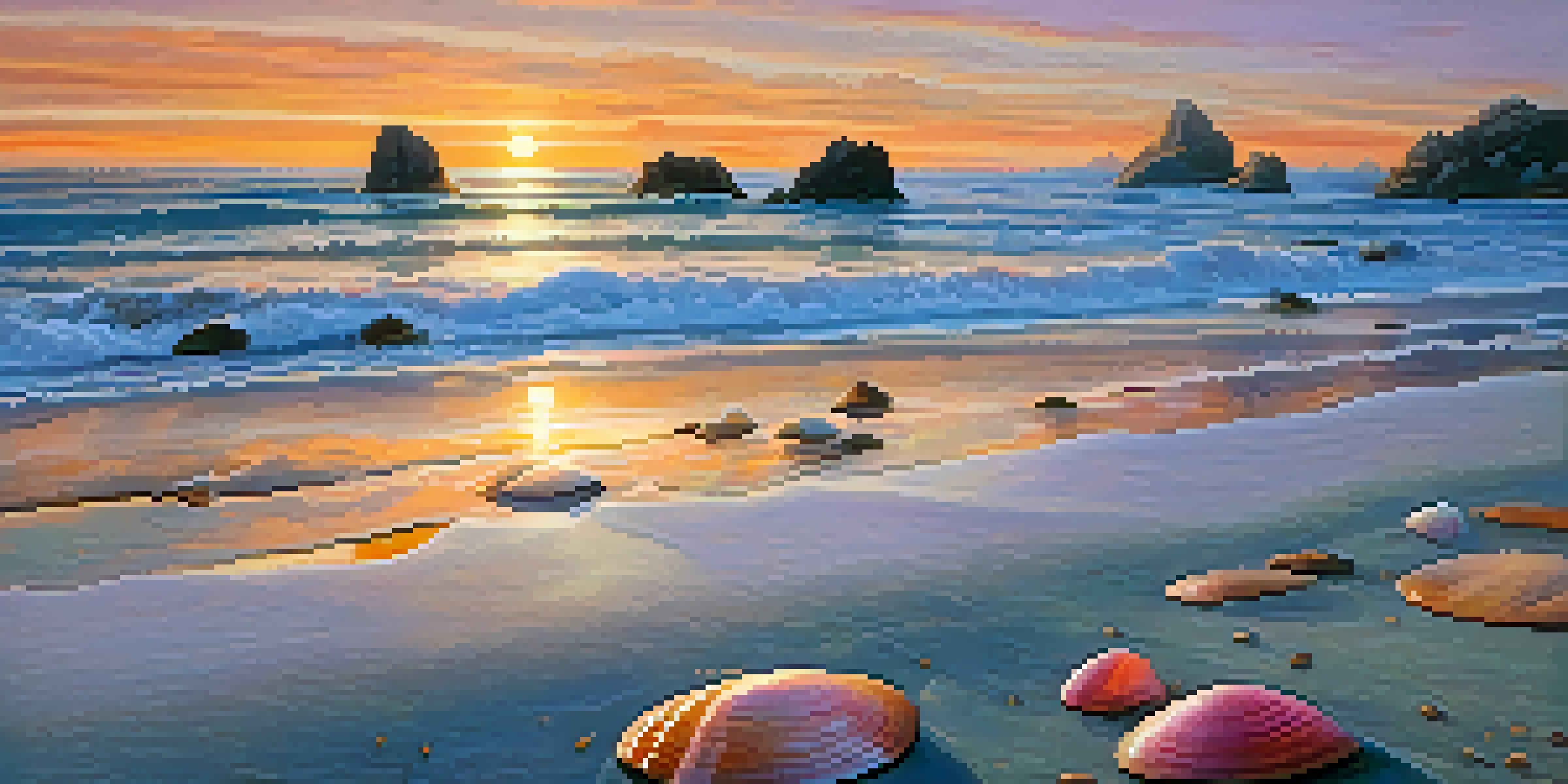 A tranquil secluded beach at sunrise with soft sand, gentle waves, and colorful sky hues.