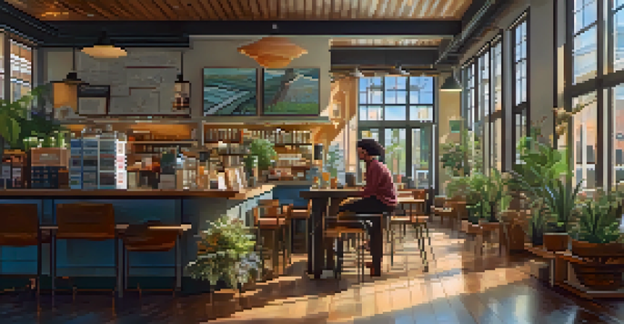 A stylish traveler packing a lightweight backpack inside a cozy café filled with warm light and vibrant plants.