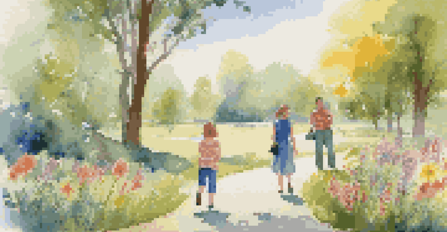 A family of four on a nature walk, with children looking at flowers and parents smiling in a park setting.