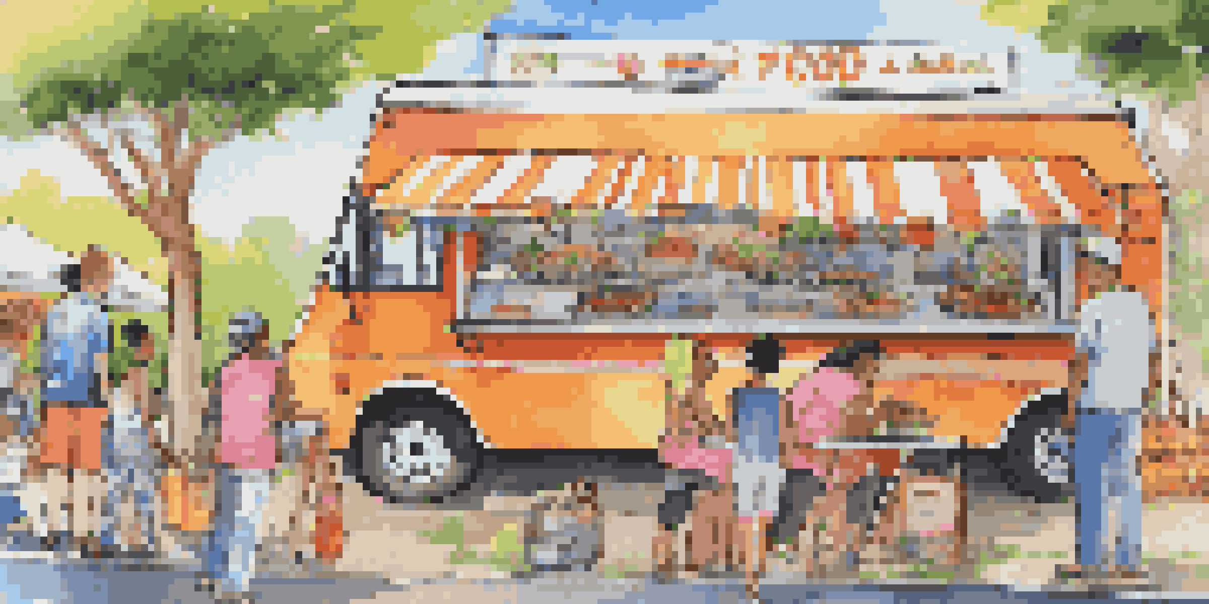 A lively scene of a food truck with colorful dishes being served to customers on a sunny day.