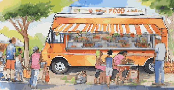 A lively scene of a food truck with colorful dishes being served to customers on a sunny day.