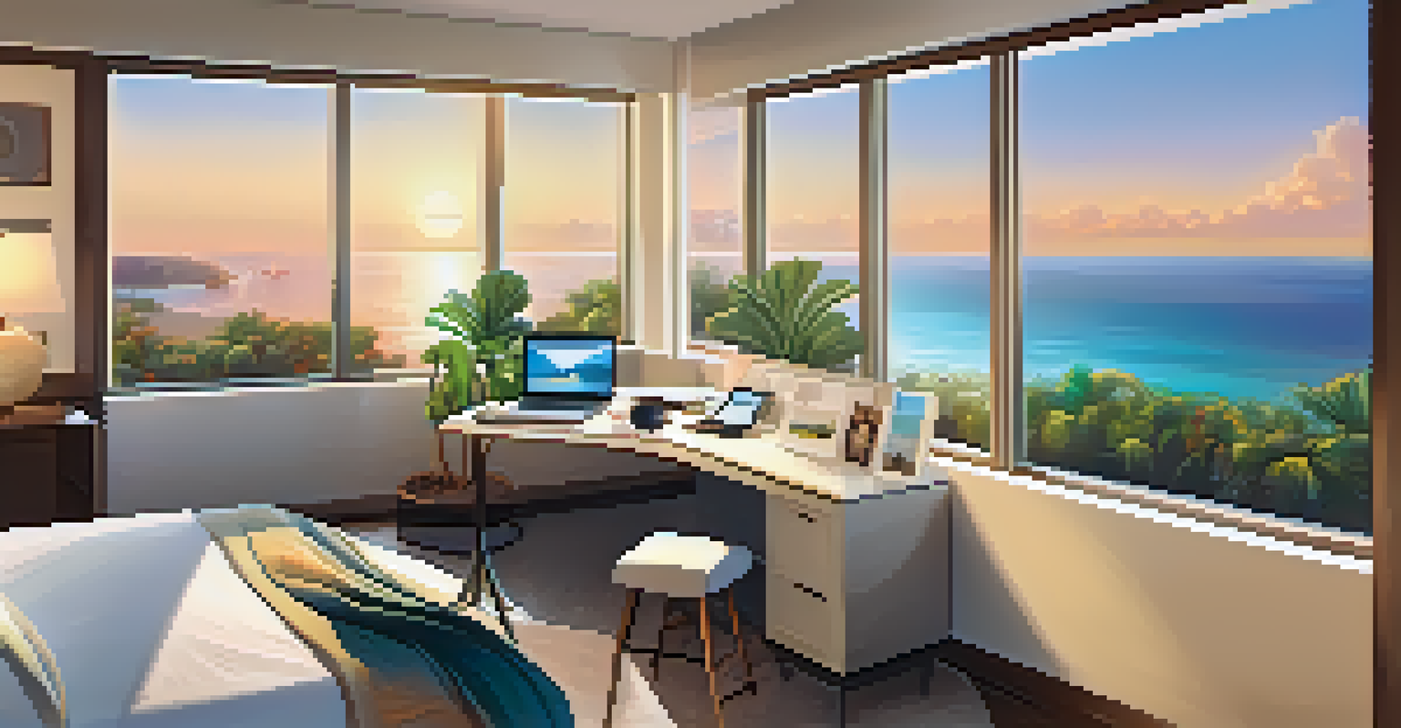 A hotel room with a view of a sunrise over the ocean, featuring a stylish desk with a laptop and decorative plants.