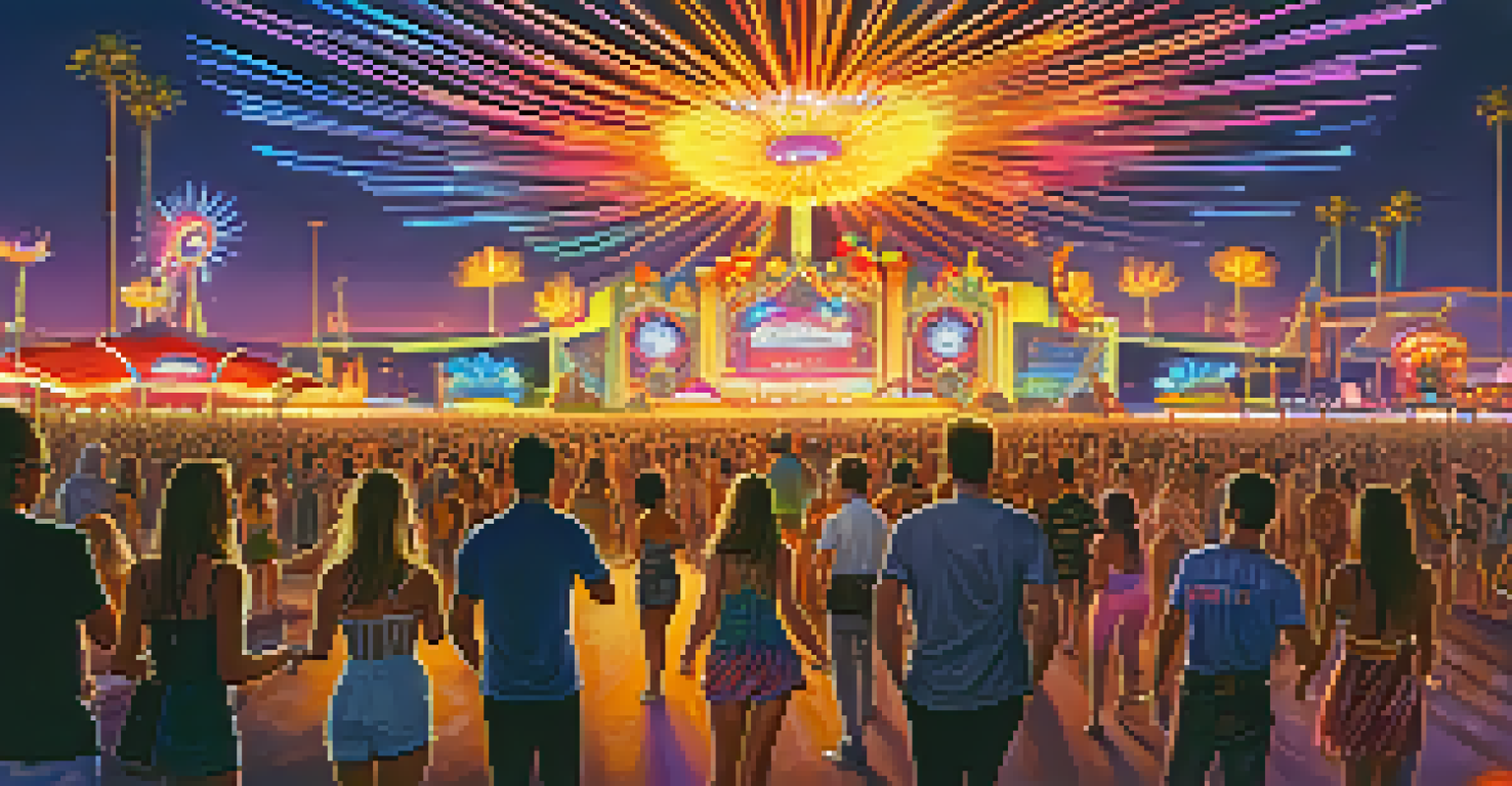 A colorful night scene at Electric Daisy Carnival with neon art and dancing attendees against the Las Vegas skyline.