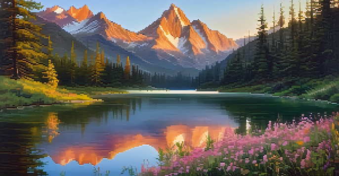 A beautiful mountain landscape at sunrise, featuring a lake that reflects the mountains and colorful skies.