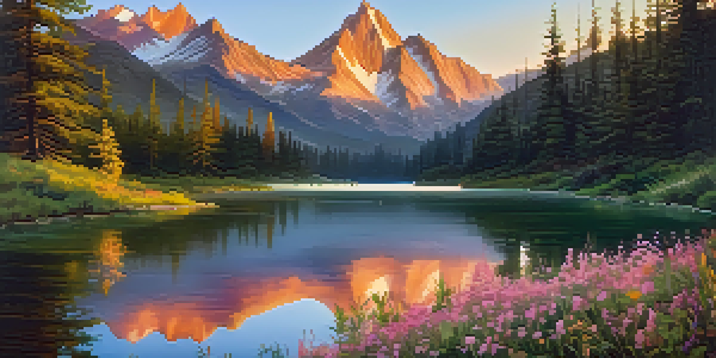 A beautiful mountain landscape at sunrise, featuring a lake that reflects the mountains and colorful skies.
