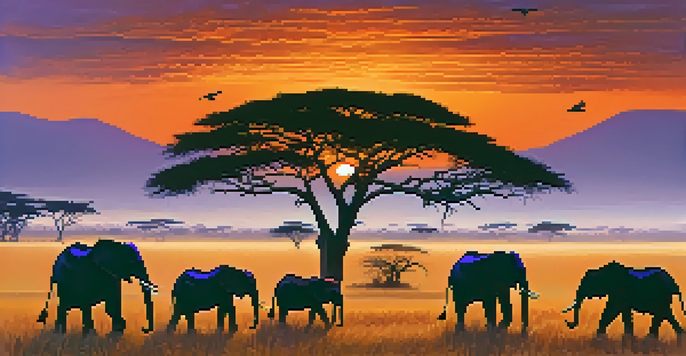 A sunrise view of the Maasai Mara with acacia trees and elephants in the foreground.