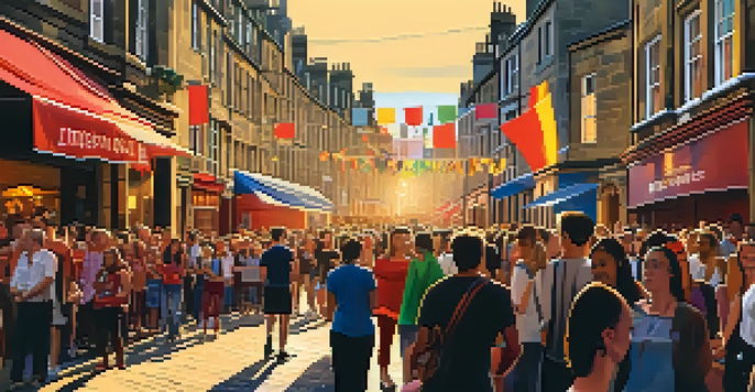 A lively street filled with people enjoying performances during the Edinburgh Festival, with colorful decorations and warm sunlight.