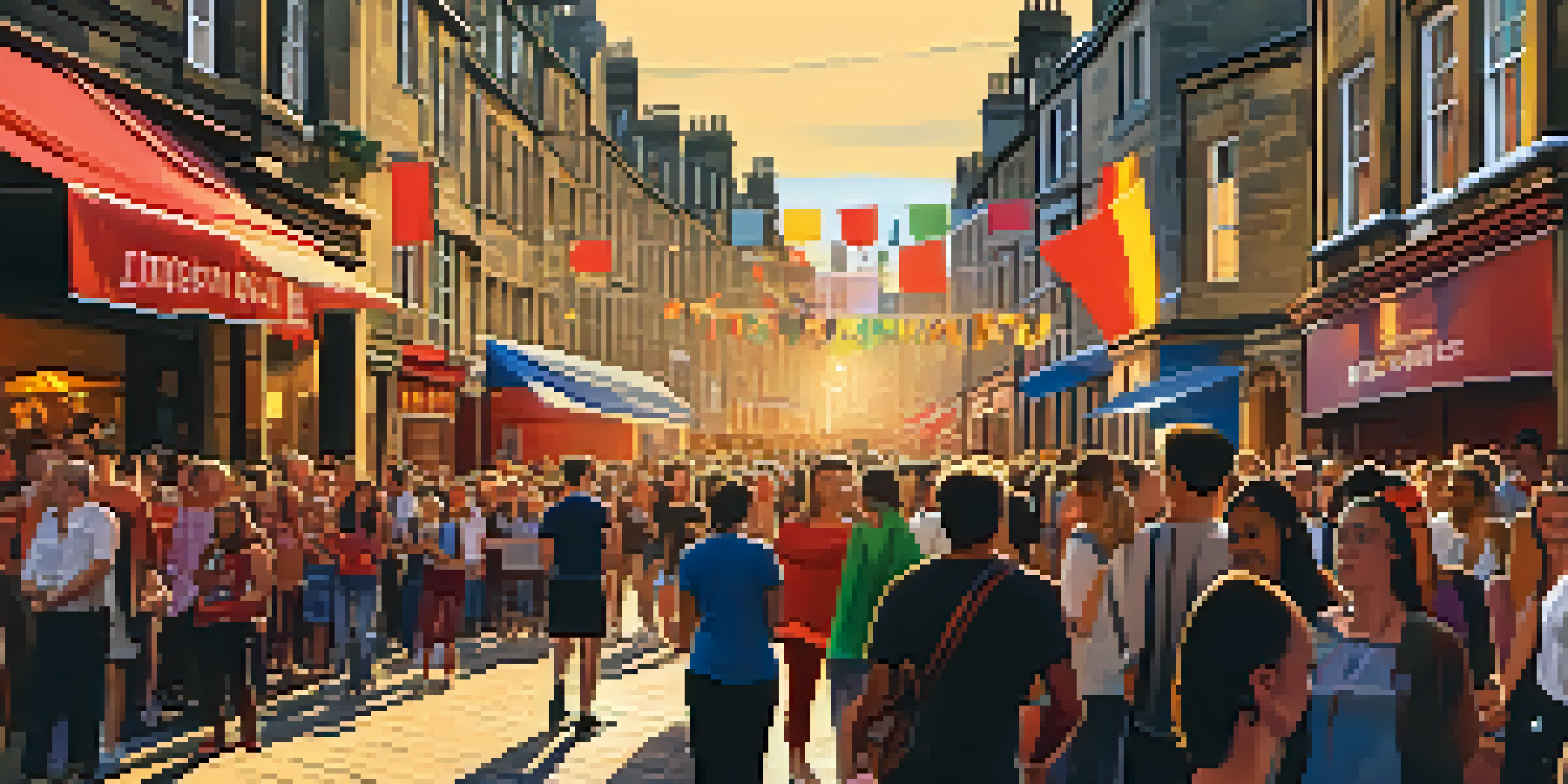 A lively street filled with people enjoying performances during the Edinburgh Festival, with colorful decorations and warm sunlight.