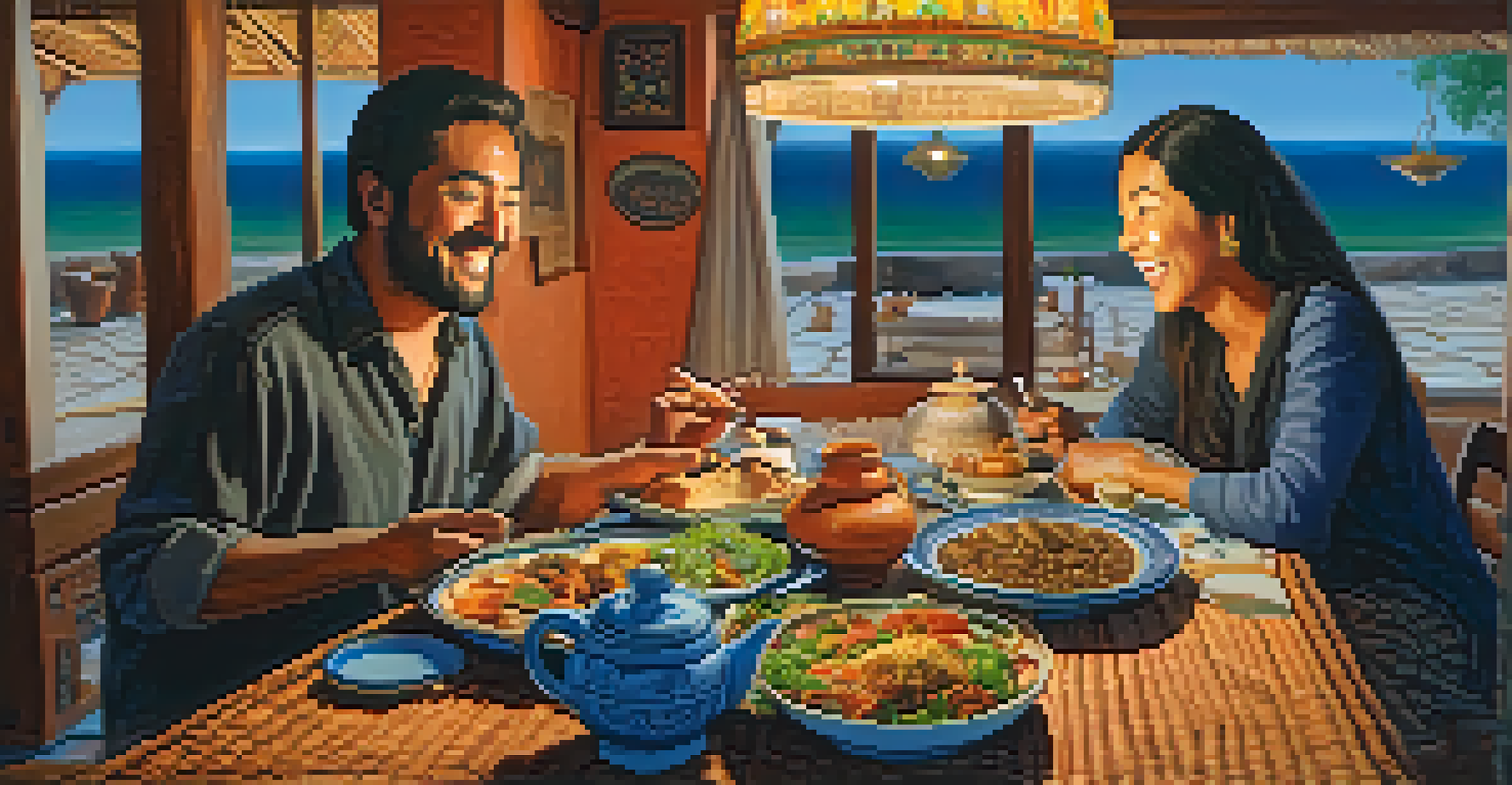 A host and traveler enjoying a meal together at a table filled with traditional dishes, surrounded by cultural artwork and warm lighting.