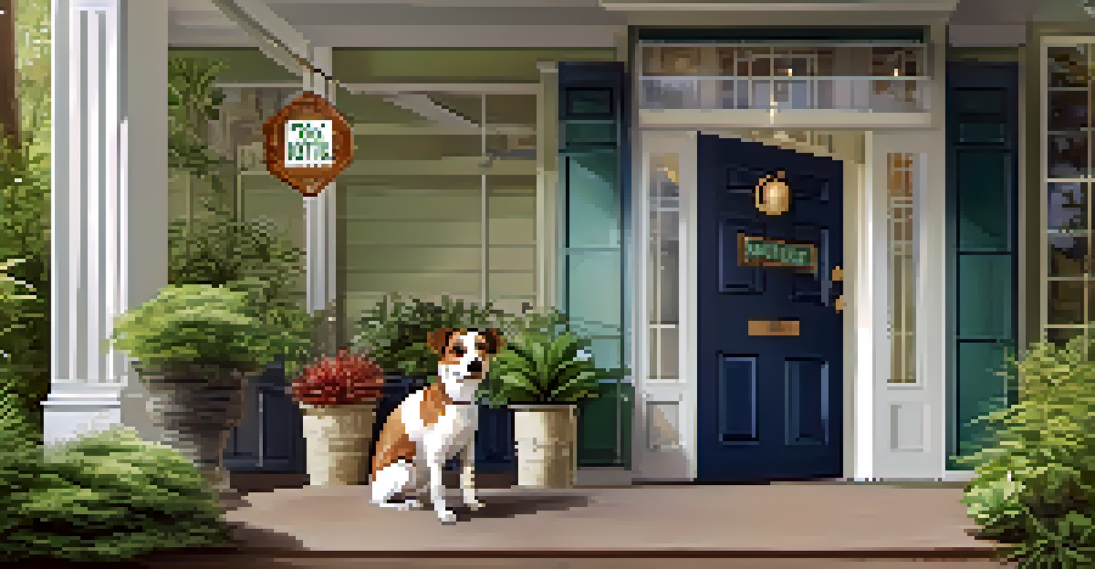 A pet-friendly hotel with a welcoming entrance and a dog on the porch.