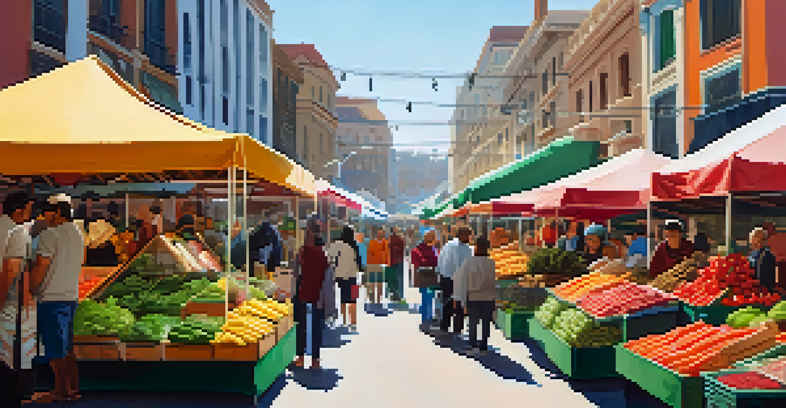 A lively outdoor market with colorful stalls and diverse people interacting, highlighting cultural exchange and adventure.