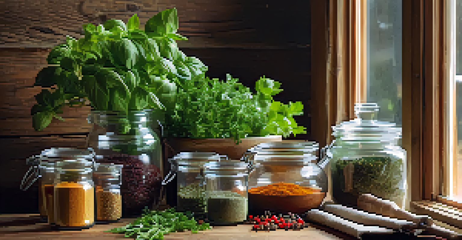 A kitchen countertop featuring glass jars of spices, fresh herbs, and a mortar and pestle, illuminated by soft natural light.