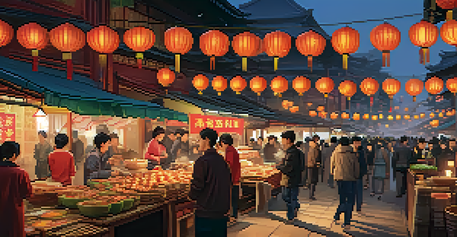 A lively street market scene during the Lantern Festival with food stalls and people enjoying traditional Taiwanese dishes under glowing lanterns.