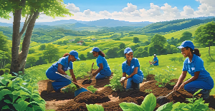 A group of diverse volunteers planting trees in a green field under a bright blue sky, showcasing teamwork and environmental conservation.