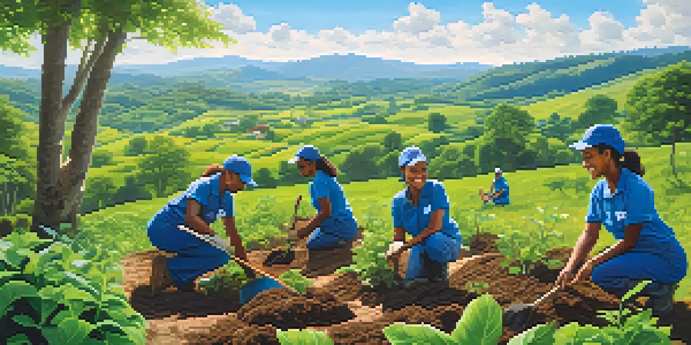 A group of diverse volunteers planting trees in a green field under a bright blue sky, showcasing teamwork and environmental conservation.