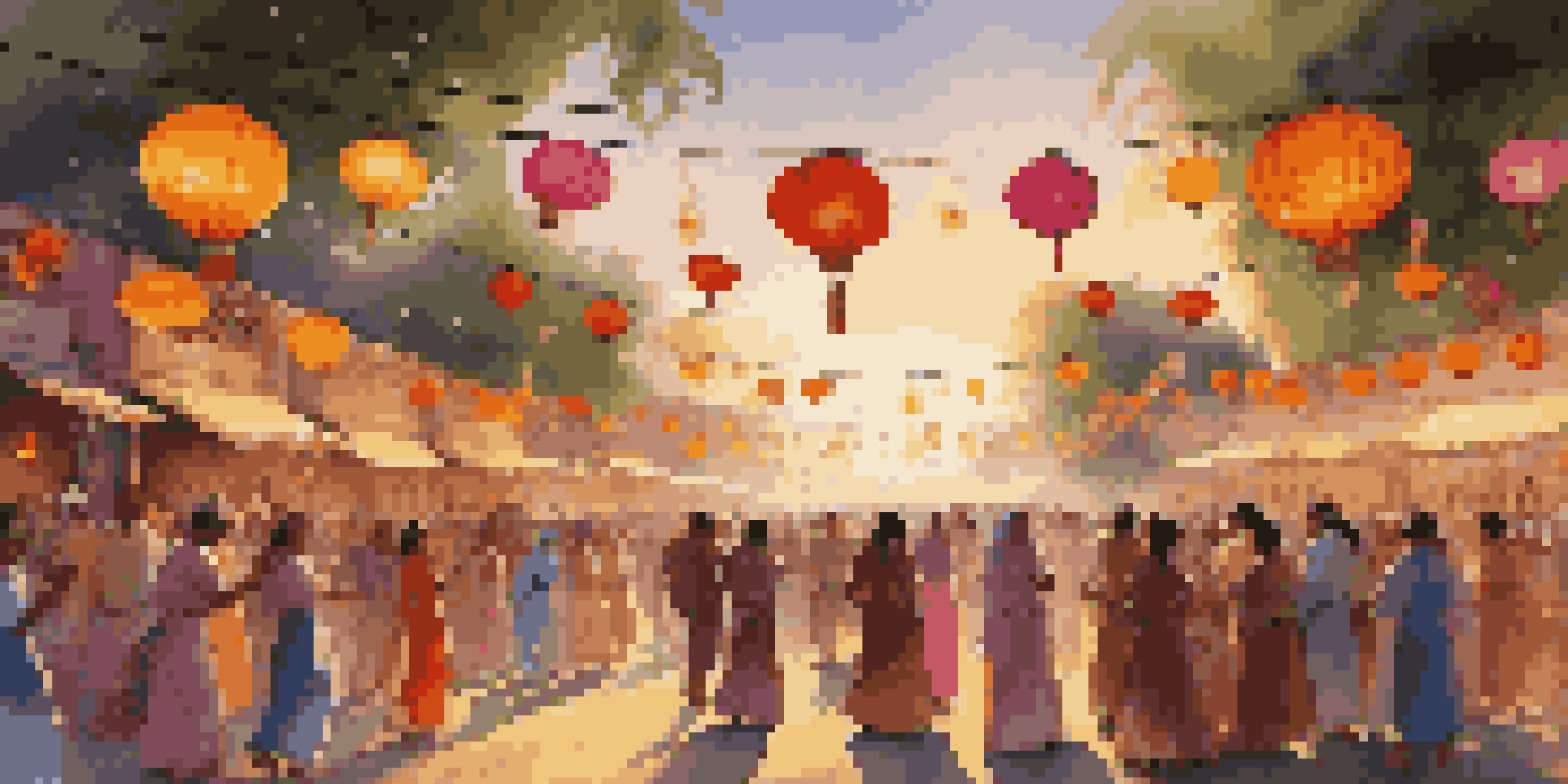 A lively festival during sunset with colorful lanterns, people in traditional costumes dancing, and warm golden light illuminating the scene.