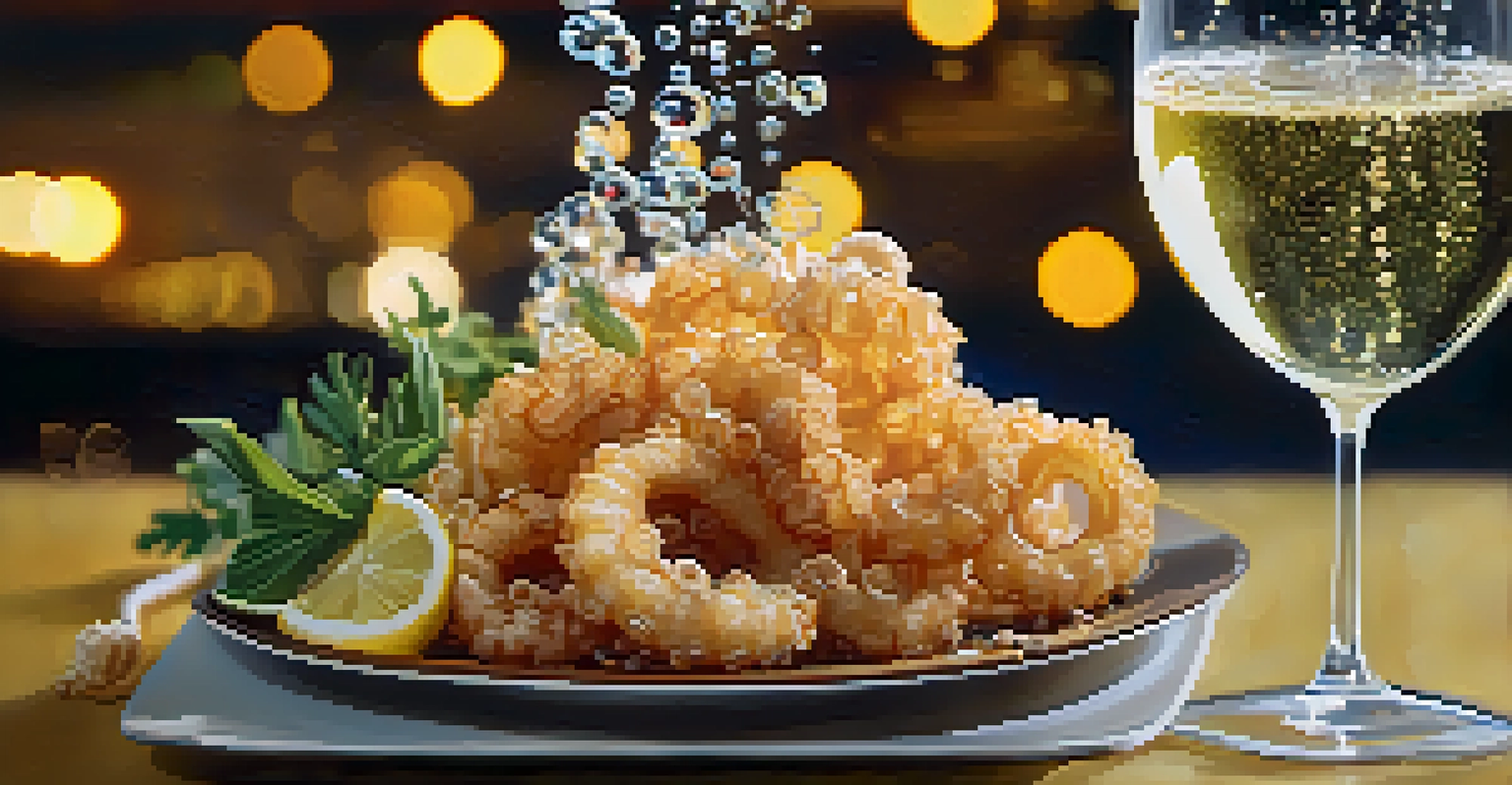 A close-up of sparkling wine and a plate of fried calamari, highlighting the bubbles and textures against a softly blurred background.