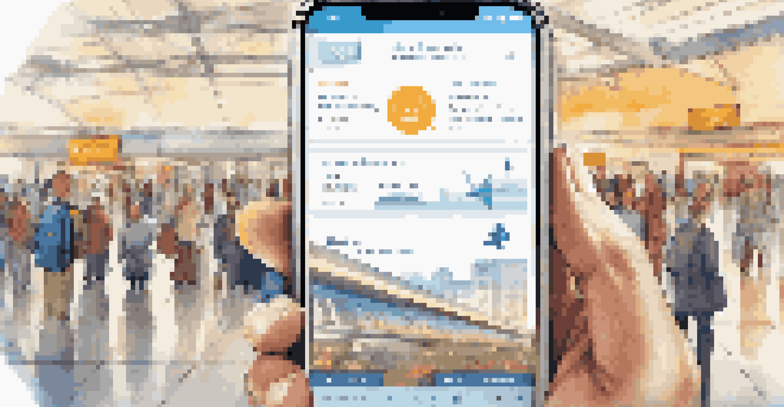 A smartphone displaying a travel app interface with features for booking flights and local attractions in a busy airport.