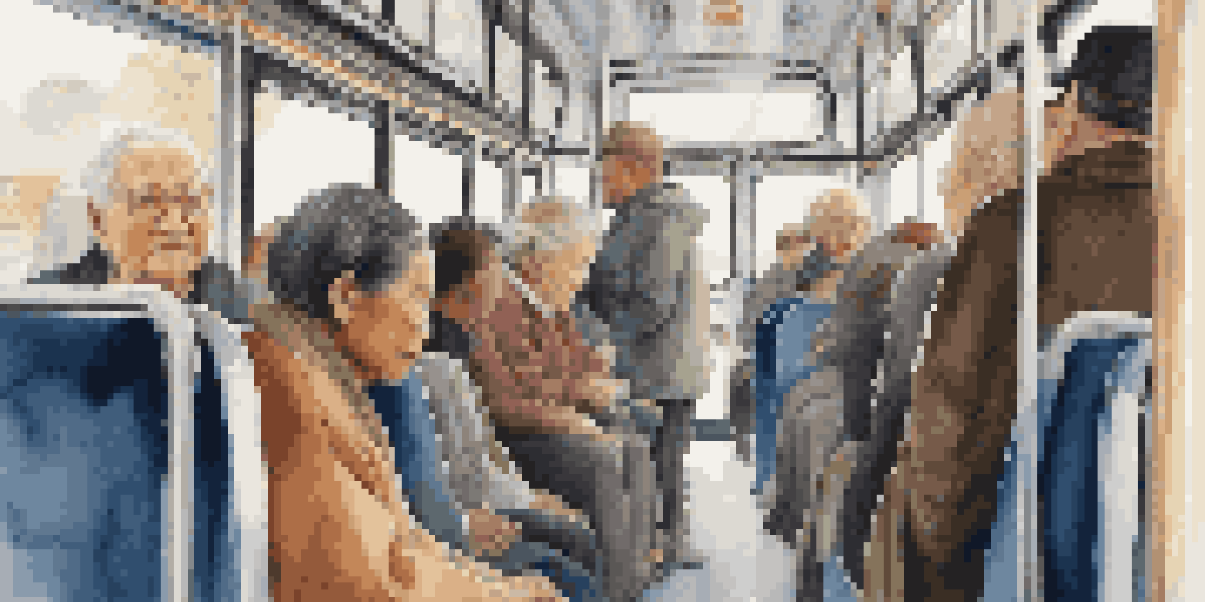 Inside a crowded bus with diverse passengers. A young man offers his seat to an elderly woman, creating a moment of kindness amidst the daily commute.