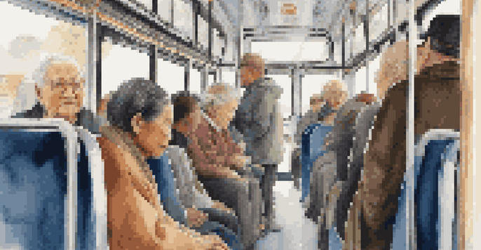 Inside a crowded bus with diverse passengers. A young man offers his seat to an elderly woman, creating a moment of kindness amidst the daily commute.